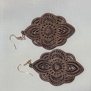 Scrolled Delicately Cut Wooden 3" Dangle Earrings